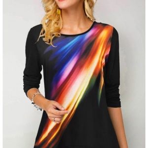 Long Sleeve Rainbow Printed Round Neck T Shirt